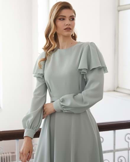 Linen Mint Kolları volanlı özel gün elbise resmi