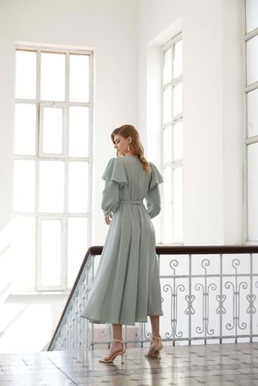 Linen Mint Kolları volanlı özel gün elbise resmi